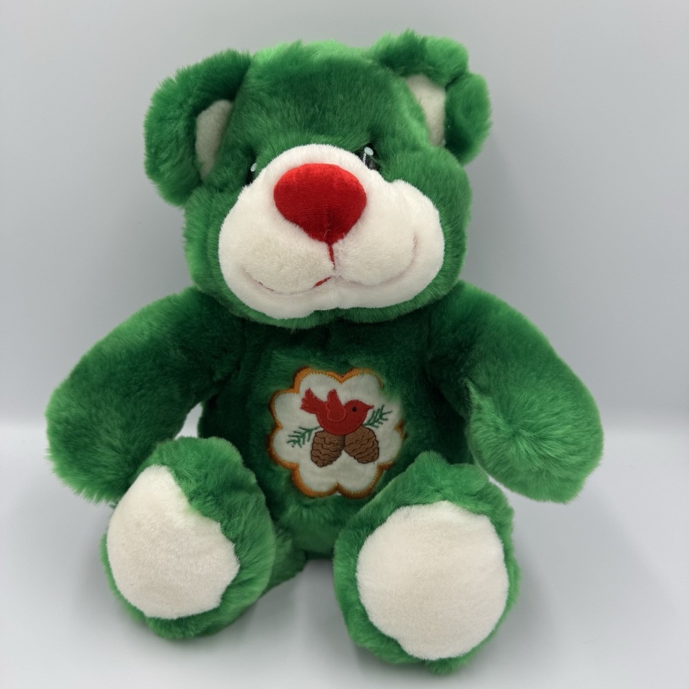 Vintage Dan Dee Christmas Teddy Bear Green with Red Bird Pine Cones Plush 13"